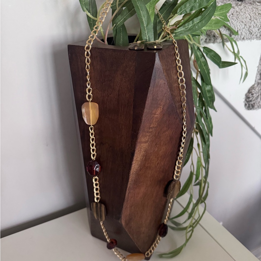 AVON vintage 80's long gold necklace with brown resin beads & Matching
Earrings